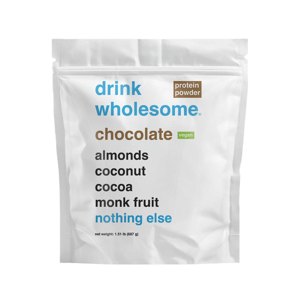 Drink Wholesome vegan chocolate almond protein powder bottle, gentle on sensitive stomachs.