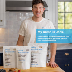 Drink Wholesome vegan protein powder label close-up highlighting zero added sugars.