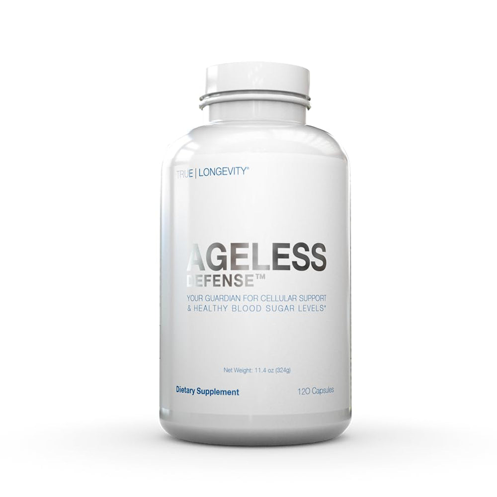 DRINK HRW Ageless Defense bottle illustrating daily supplement ritual for aging support.