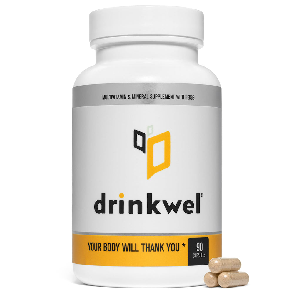 Drinkwel bottle with capsules signaling morning balance and immune support.