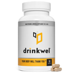Drinkwel bottle with capsules signaling morning balance and immune support.