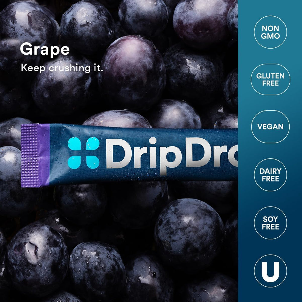 DripDrop bottle and glass with grape hydration packet suggesting everyday use.