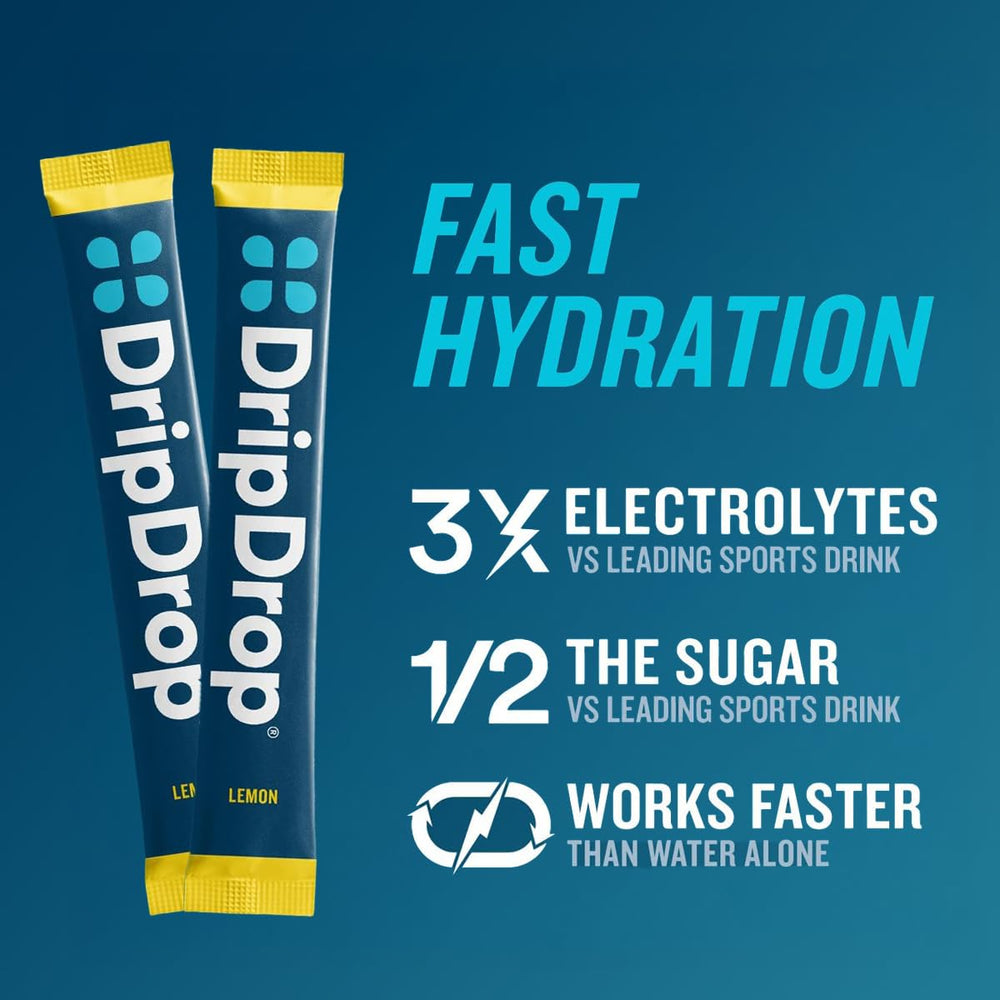 DripDrop single-serve pouch beside a sport bottle during travel