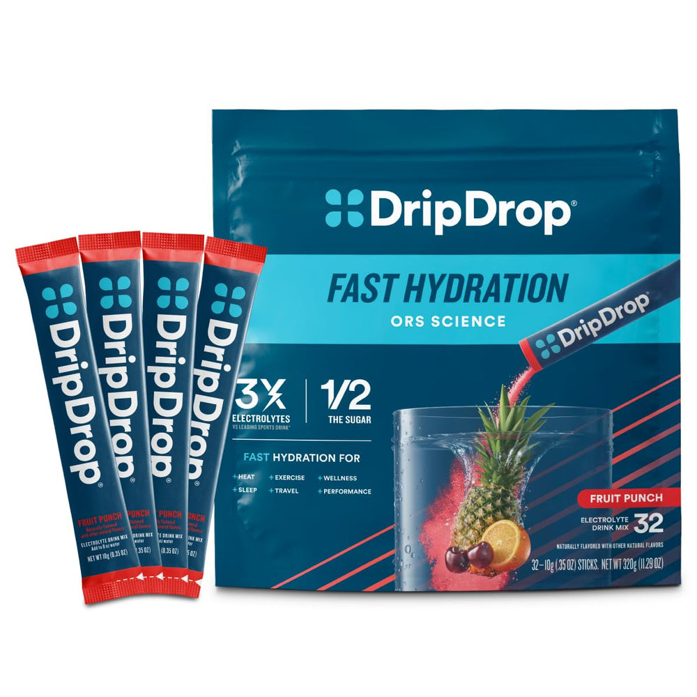 DripDrop Fruit Punch packet front for on-the-go hydration support