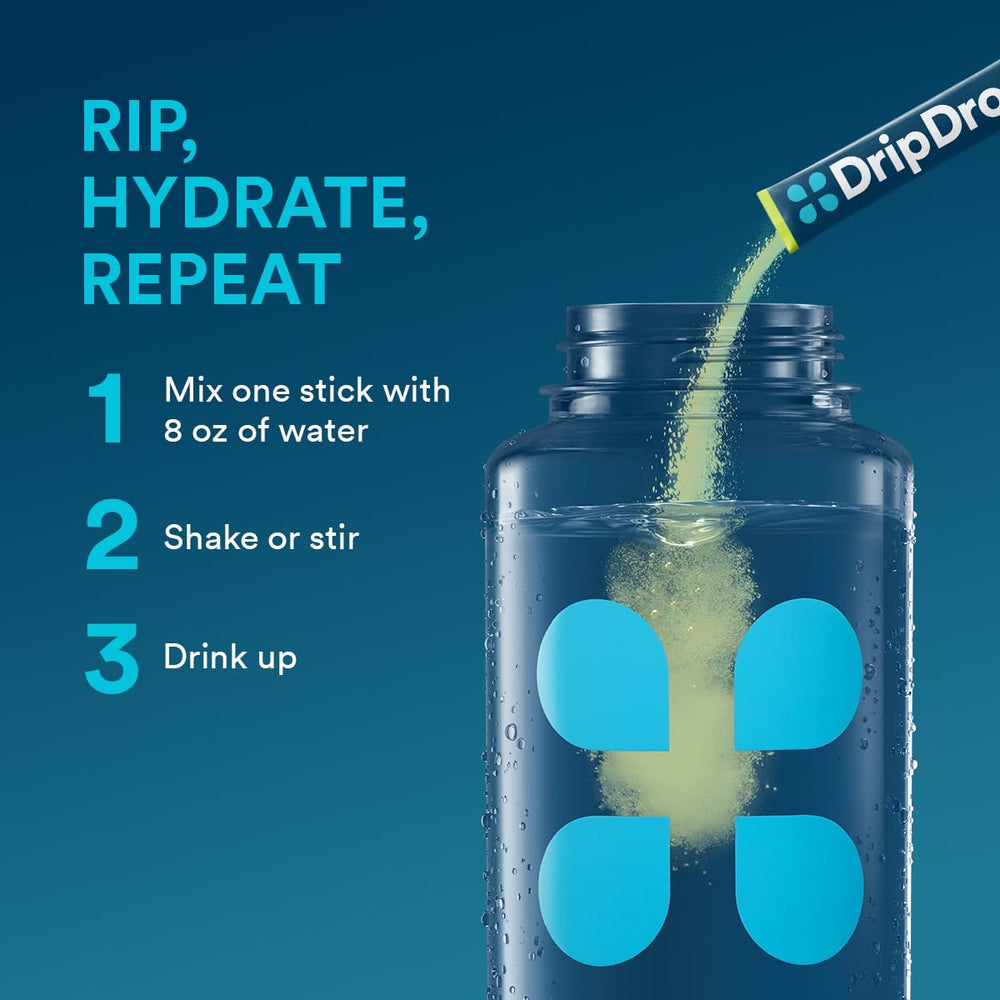 DripDrop Lemon Lime ingredients panel emphasizes non-GMO vegan gluten-free formula.