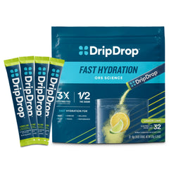 DripDrop Lemon Lime hydration packet front view for quick on-the-go hydration.