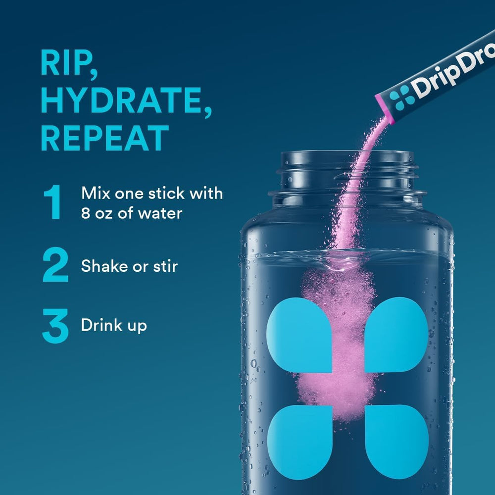 DripDrop Lemon packet dissolving in a bottle for refreshing hydration