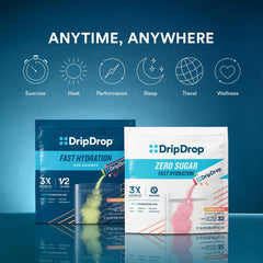 DripDrop Sunburst bottle alongside packets for daily hydration.