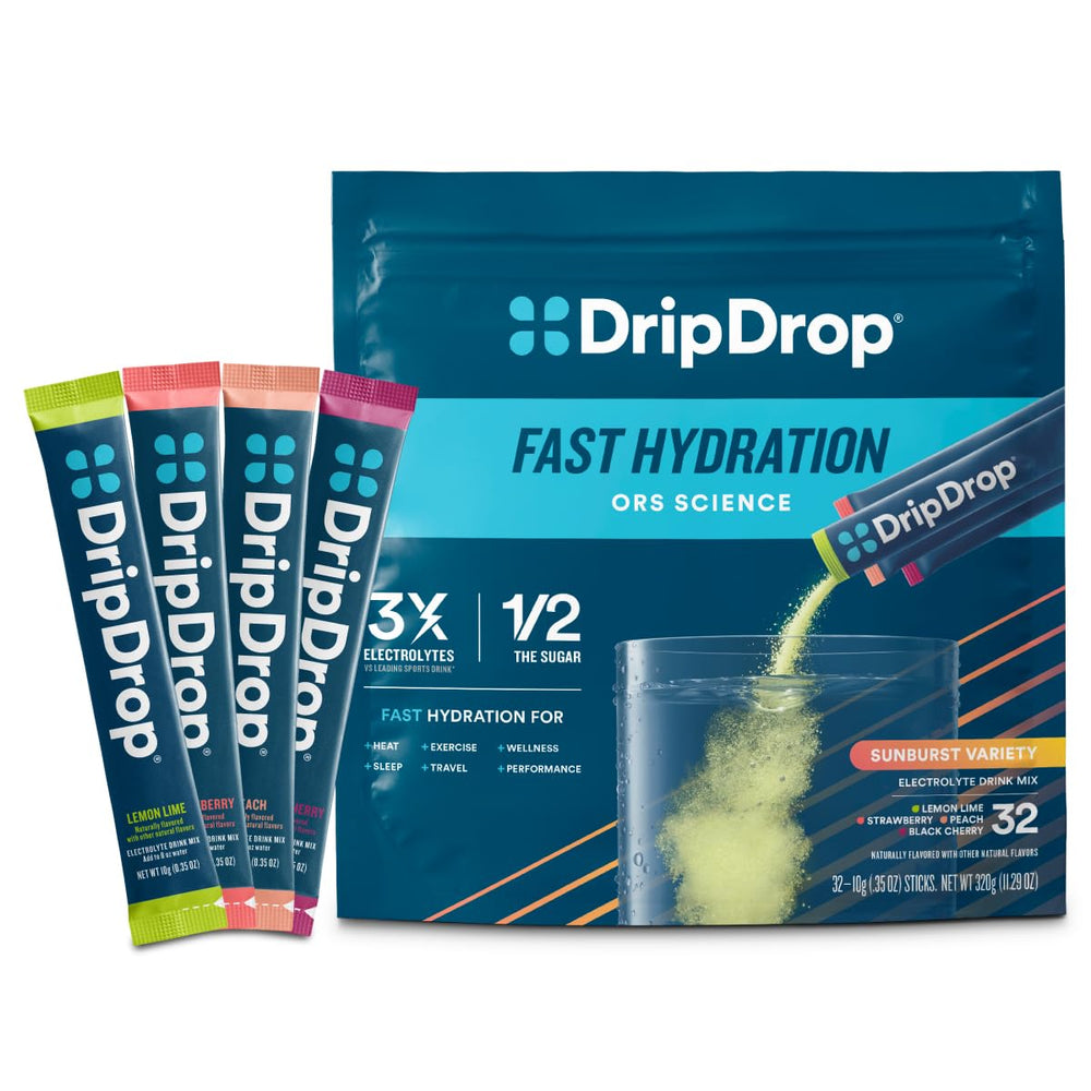 DripDrop Sunburst Lemon Lime packet for on-the-go hydration with electrolytes.