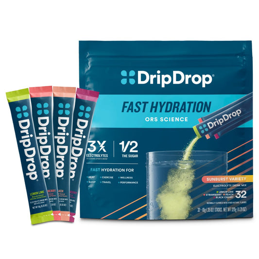 DripDrop Sunburst Lemon Lime packet for on-the-go hydration with electrolytes.