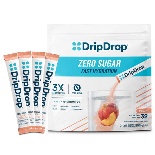 DripDrop Zero Peach packets close-up showing convenient single-serve hydration for on-the-go use.