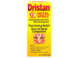 Dristan 12-Hour nasal spray bottle side angle shows compact design for travel.