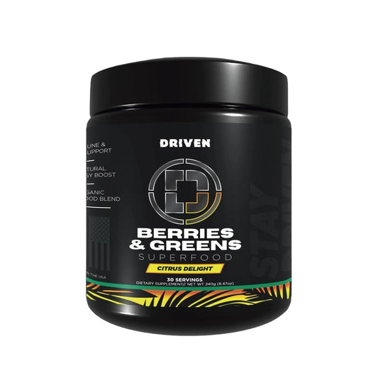 Driven B&G Berries & Greens tub with citrus flavor for daily recovery support.