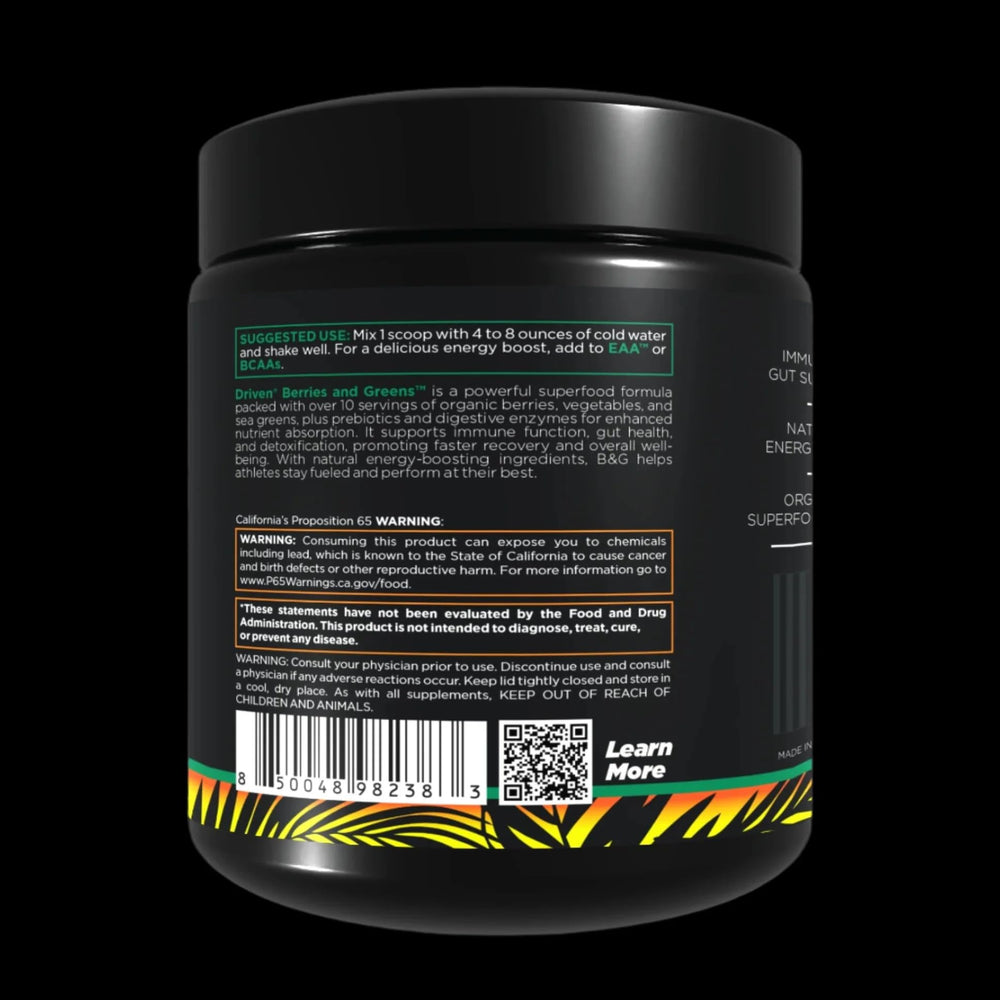 Serving suggestion of Driven B&G with citrus flavor for a greens boost.
