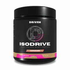 Driven Nutrition ISODRIVE Cappuccino bottle highlights fast-digesting whey for post-workout recovery.