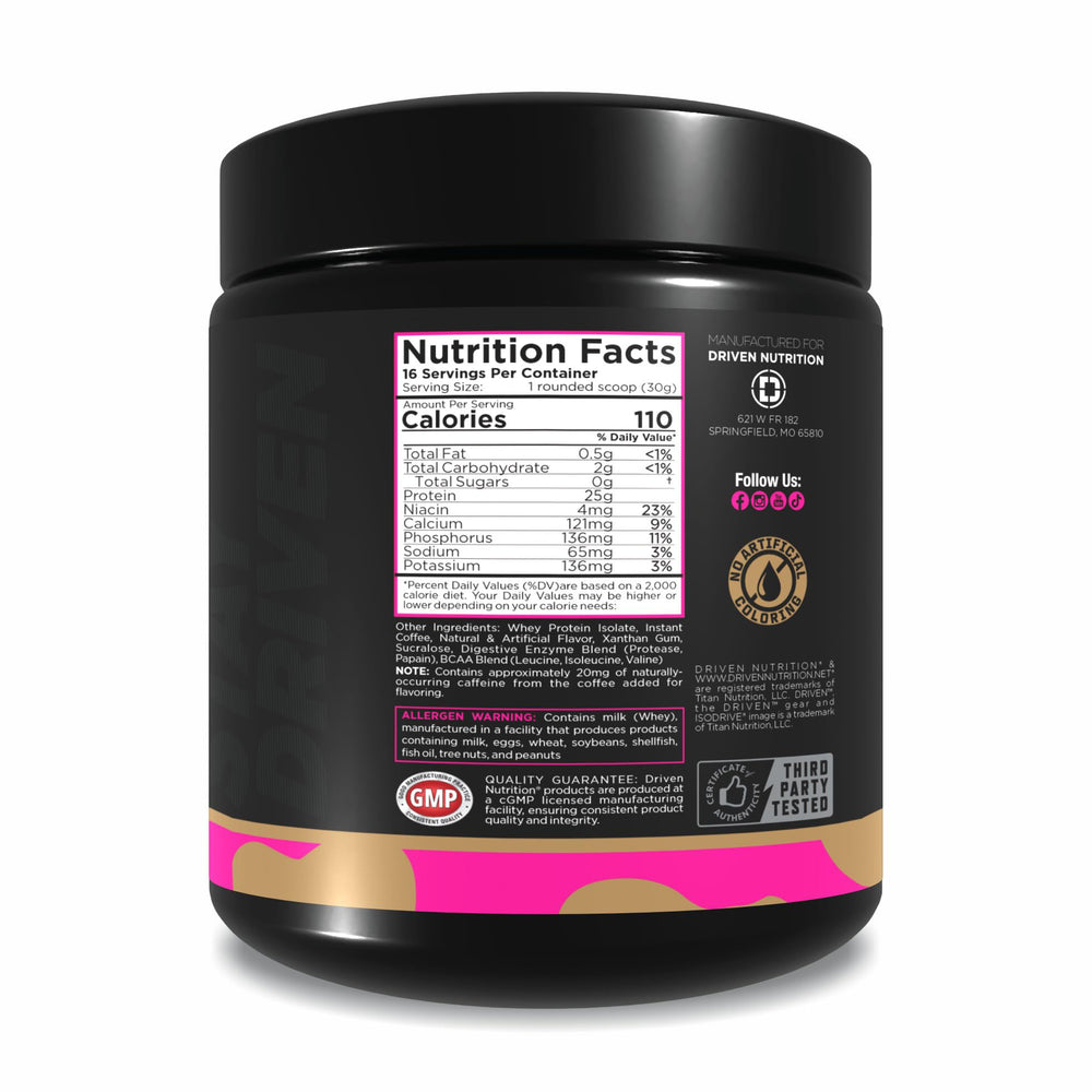 Driven Nutrition ISODRIVE cappuccino packet suggests convenient single-serve prep.