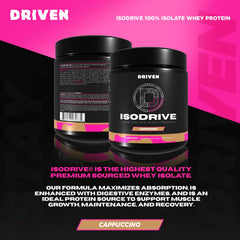 Driven Nutrition ISODRIVE Premium Whey Isolate Cappuccino pour captures smooth taste and quick mixability.