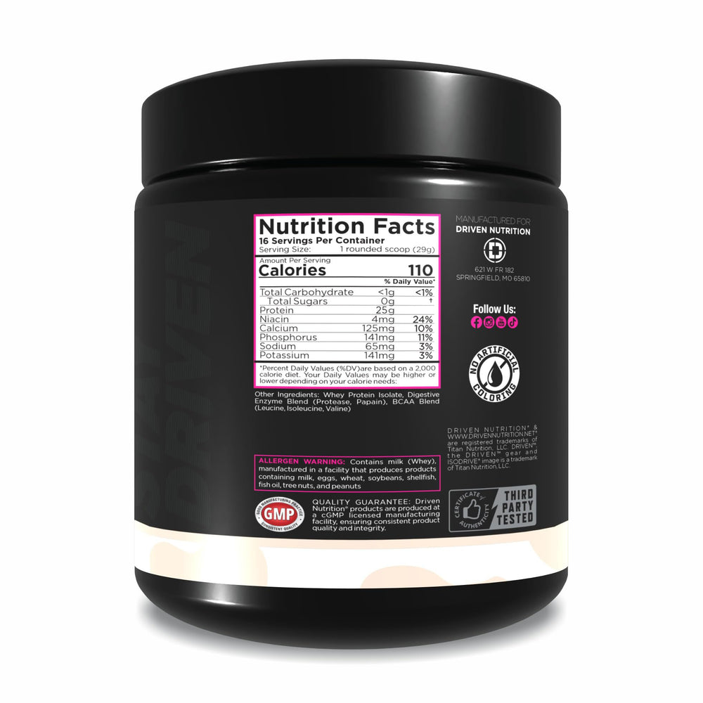 Driven Nutrition ISODRIVE unflavored powder, ideal for flavor customization.
