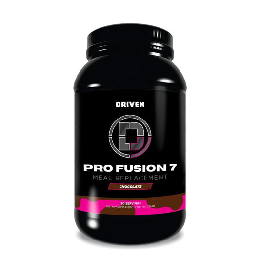 Driven Nutrition ProFusion7 bottle pouring for a quick, balanced on-the-go meal.