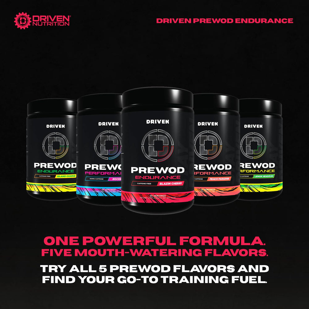 Driven PREWOD blazin cherry flavor bottle for a sugar-free pre-workout taste.