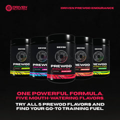 Driven PREWOD blazin cherry flavor bottle for a sugar-free pre-workout taste.