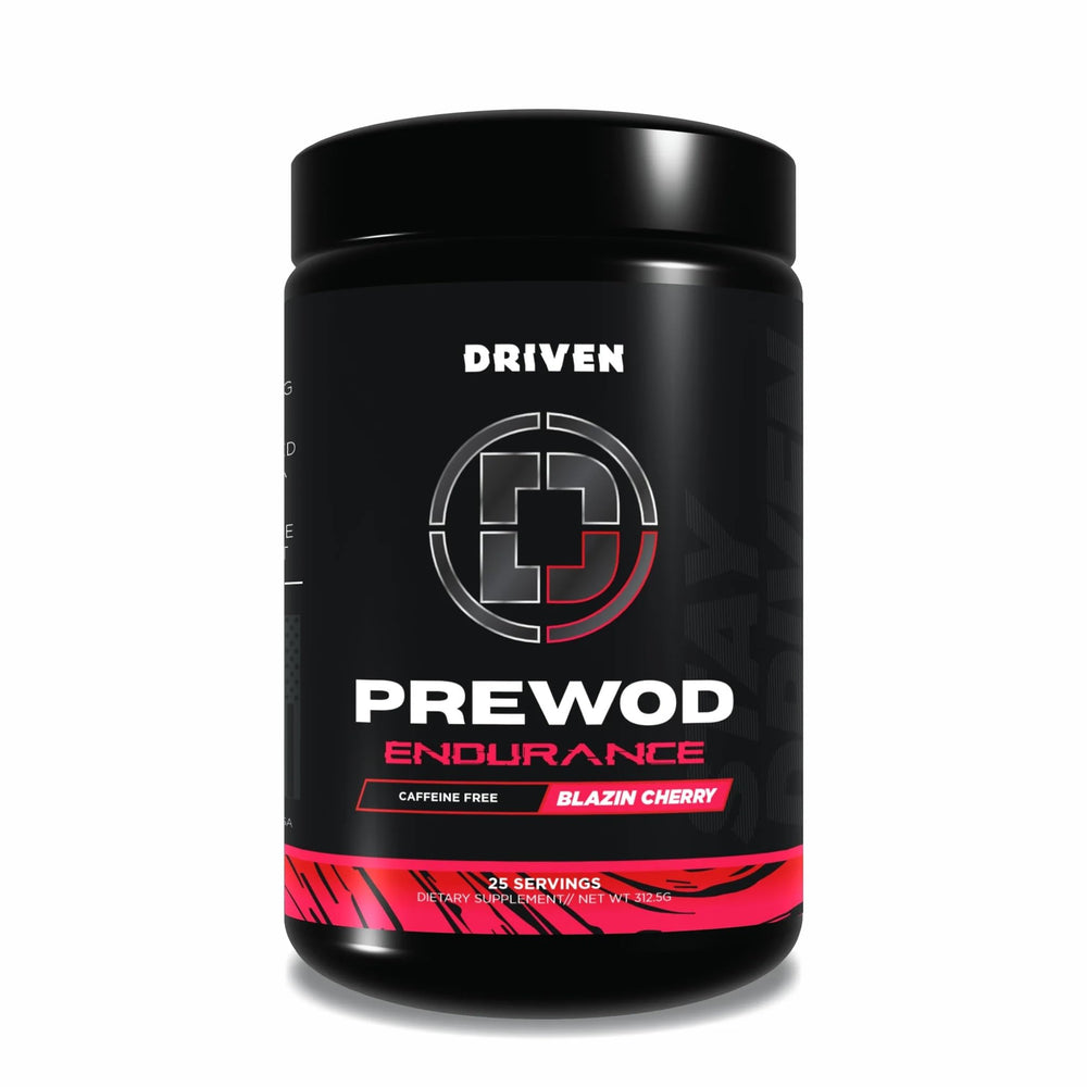 Driven Nutrition PREWOD caffeine-free bottle and scoop for clean energy.