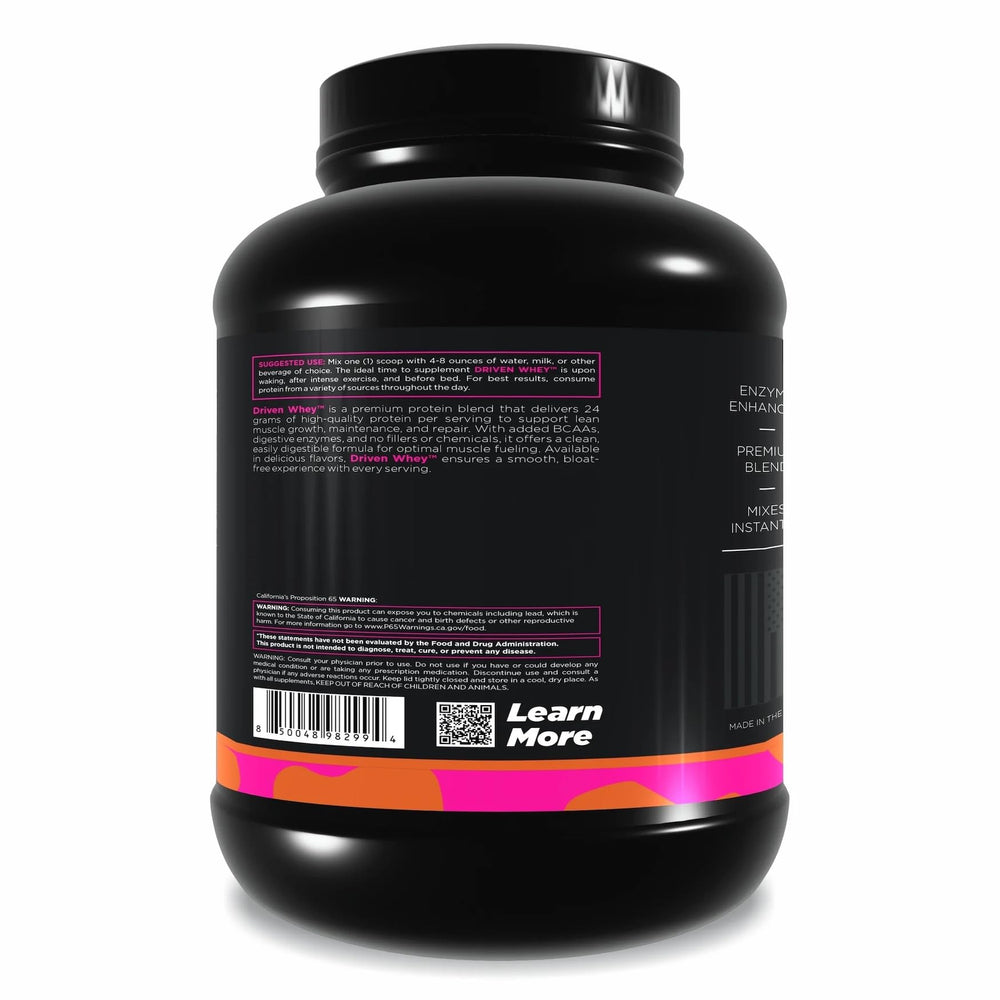 5 lb Driven WHEY tub with scoop suggests convenient daily protein