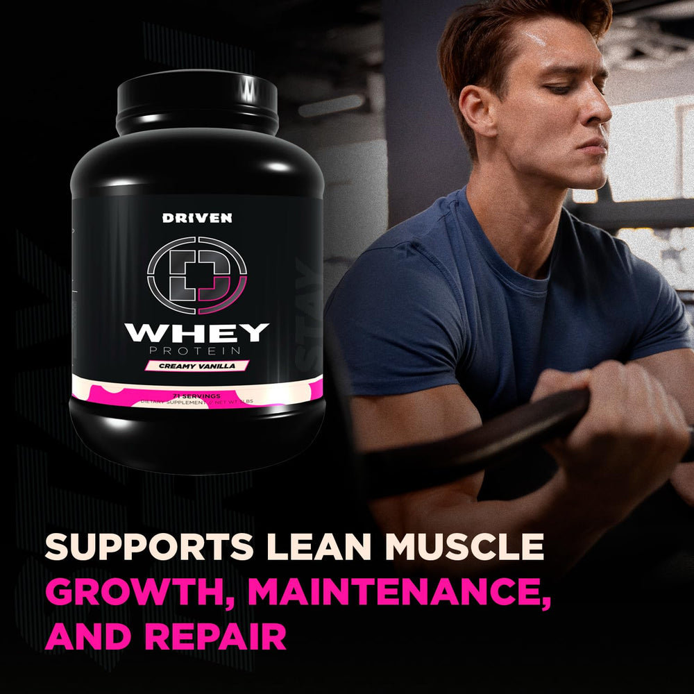 Driven Whey label highlights added BCAAs and digestive enzymes for absorption