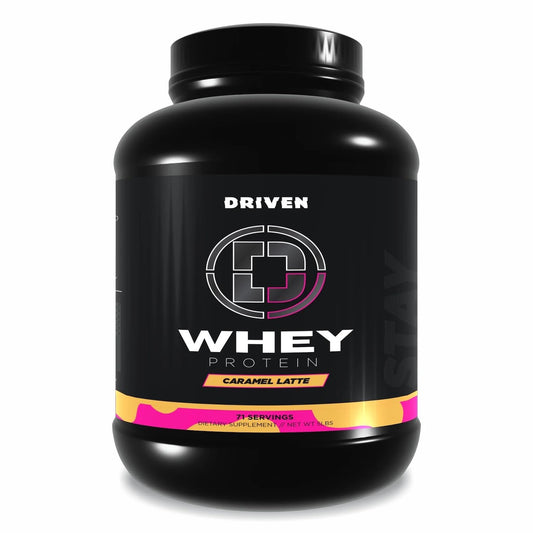 Driven Whey Caramel Latte 5lb bag showcasing premium protein for post-workout recovery