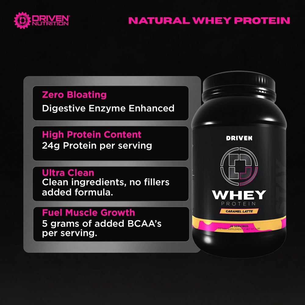 Glass with creamy Driven WHEY Caramel Latte shake after training.