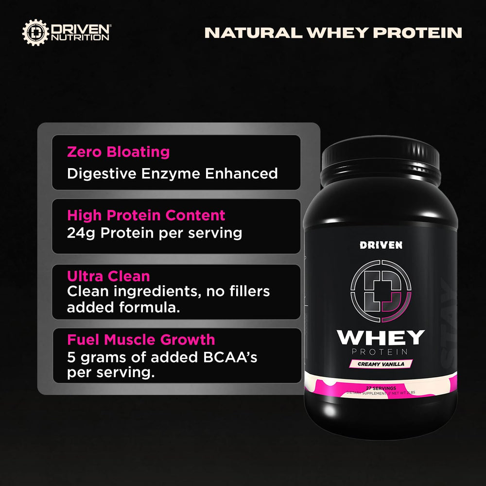 Driven WHEY cream vanilla tub label showcases digestible protein with added enzymes