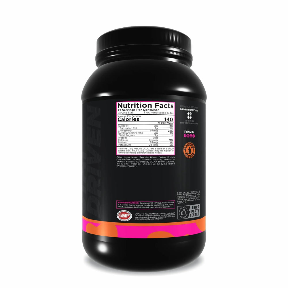 Driven WHEY Cinnamon Roll label close-up shows natural ingredients and high quality protein for lean gains