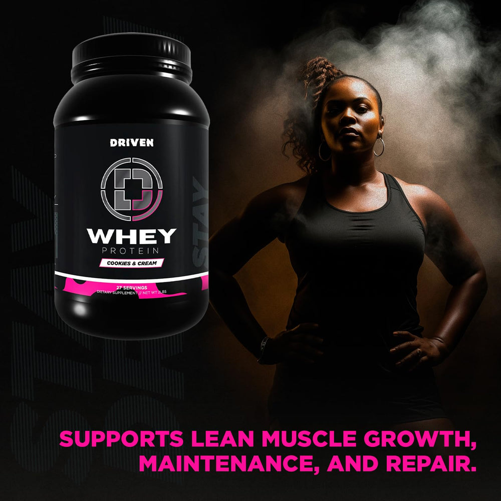 Driven WHEY powder-dispensing closeup highlighting instantized formula for smooth mixing