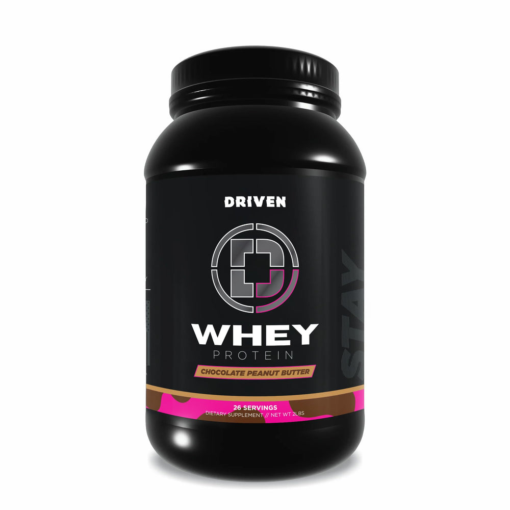 Driven WHEY Chocolate Peanut Butter bottle pour, highlighting fast protein delivery for post-workout recovery.
