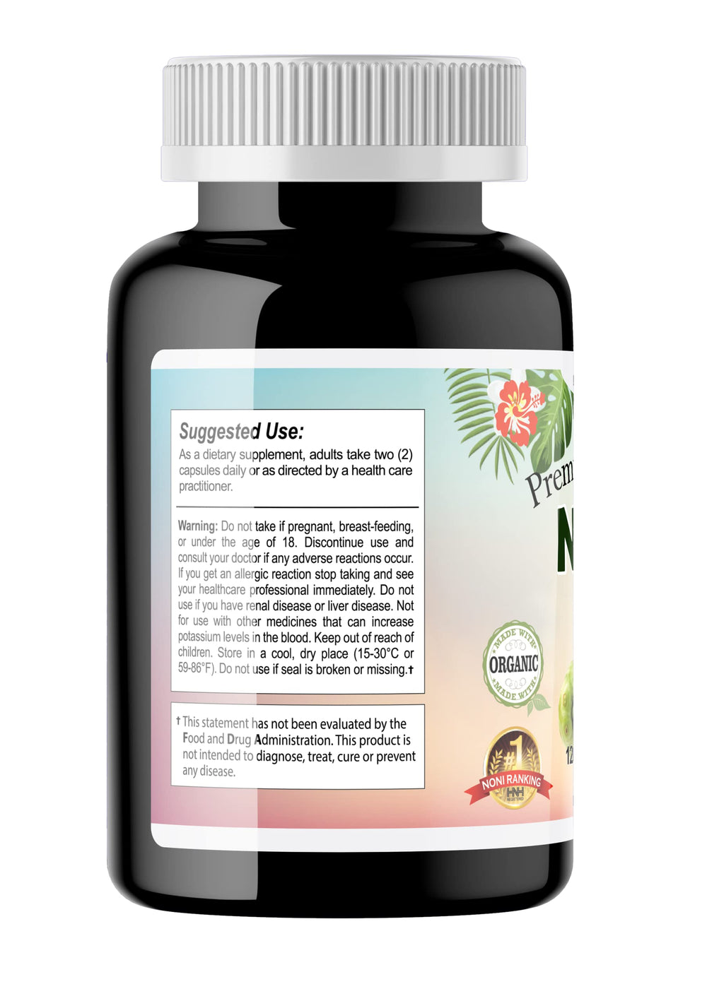 Dr.K&C HNHusa Noni bottle and label closeup, no fillers or GMOs.