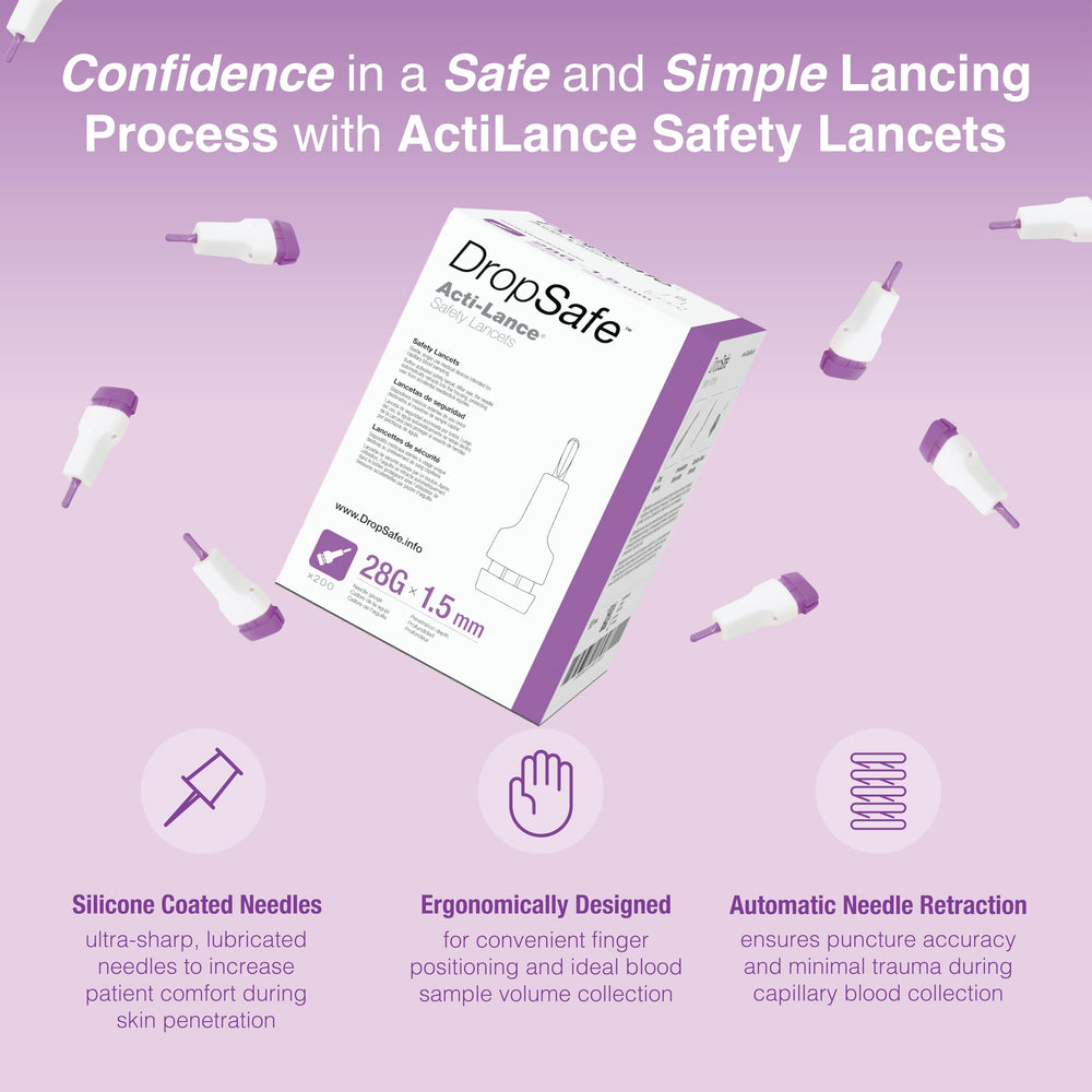 DropSafe Acti-Lance sterile, single-use 200ct lancet pack for hygiene and convenience.