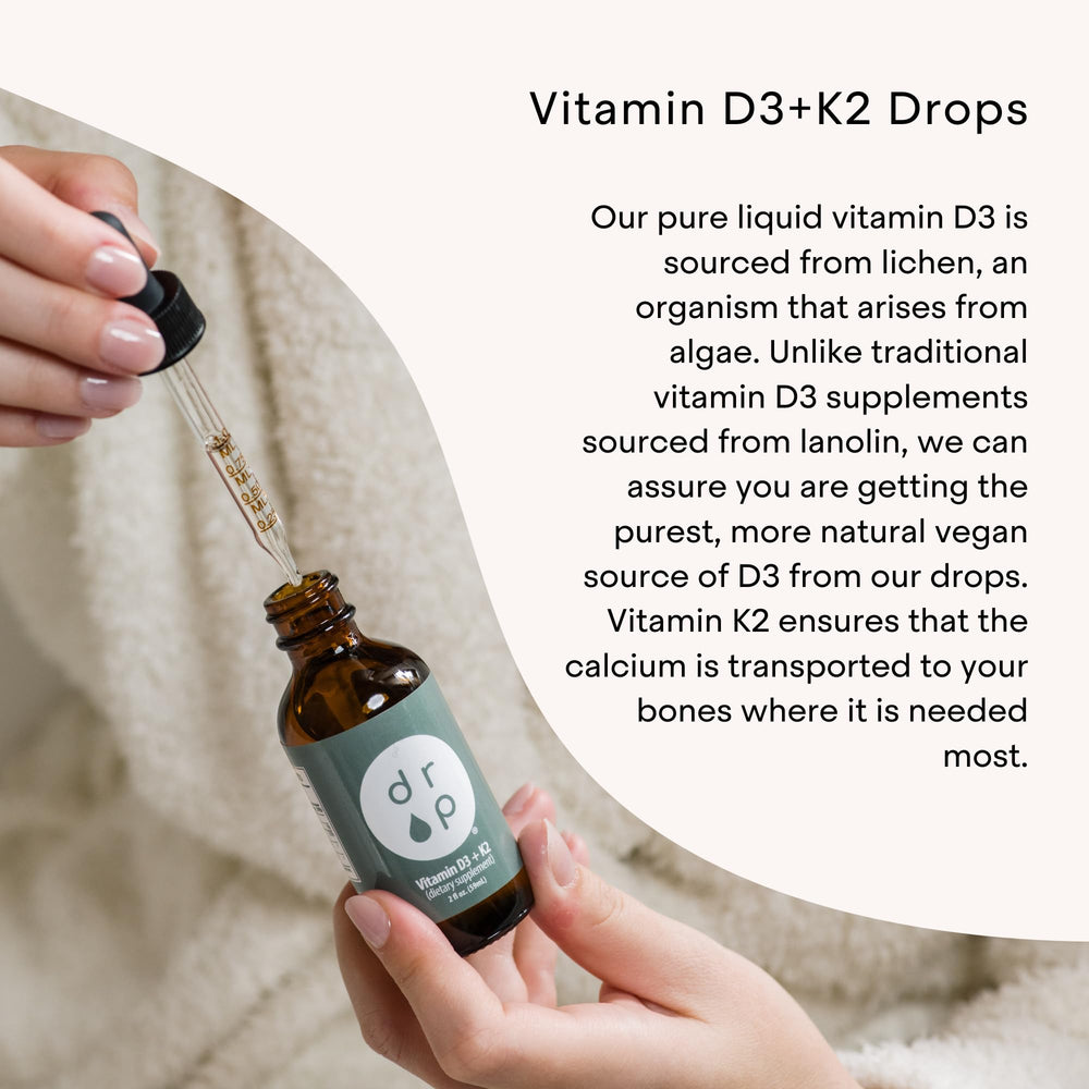 DRP labels highlight plant-based D3 from lichen source for vegan use.