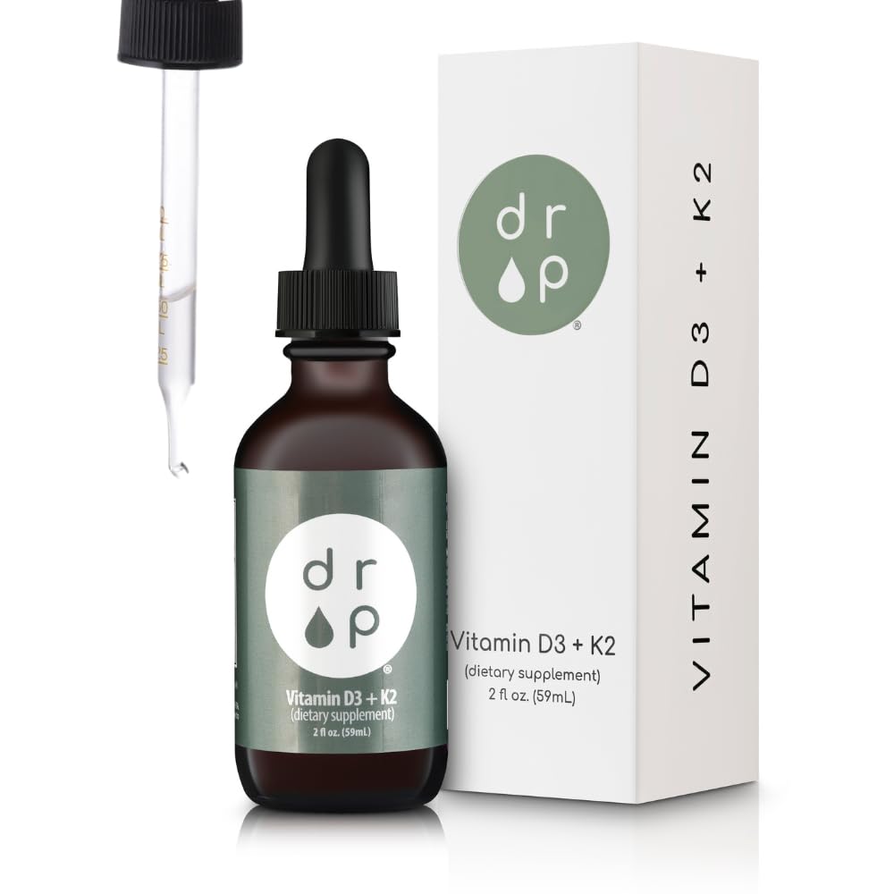 DRP Vitamin D3 + K2 drops bottle shows vegan D3 from lichen and K2 for bone support.