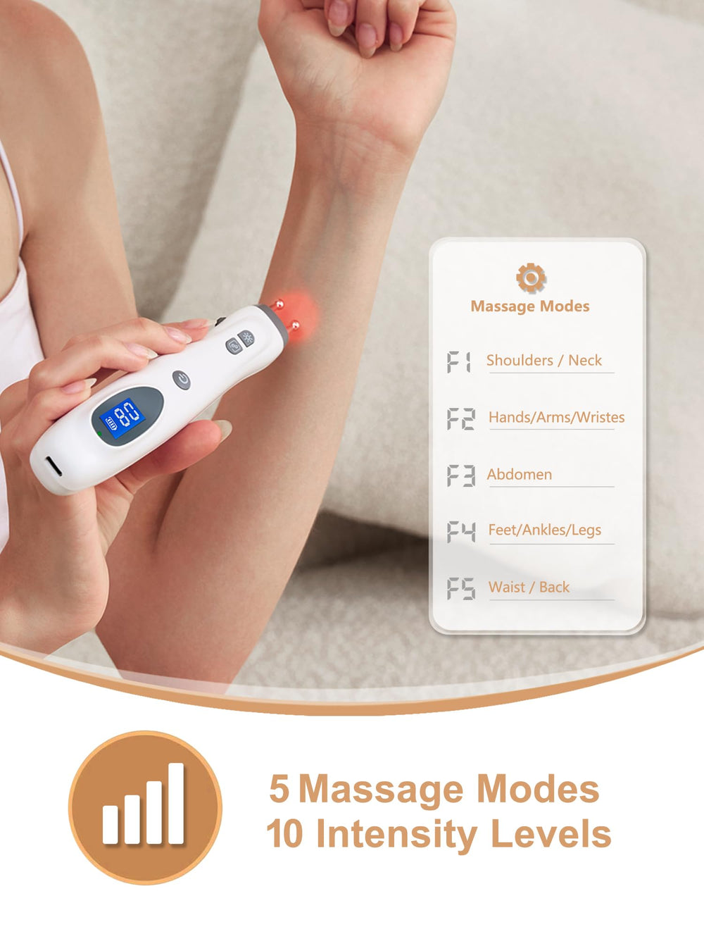 Dr.Rehabi device with five modes and ten intensity levels for customization.