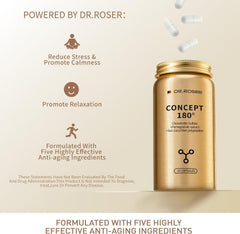 DR.ROSER 180° capsules image emphasizing mitochondrial support for cellular vitality.