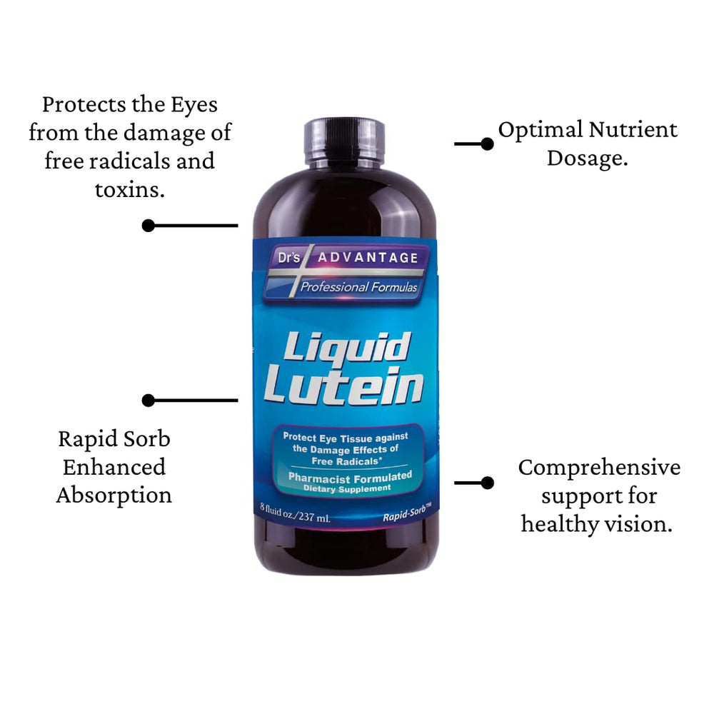 Dr's Advantage Liquid Lutein on shelf emphasizes compact packaging.
