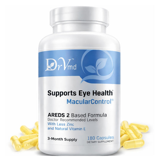 DrVmd Macular Control bottle cap closeup highlighting easy daily eye nutrition.