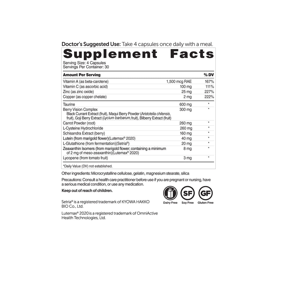 Dr. Whitaker Vision Essentials Gold label showing key nutrients and dosage