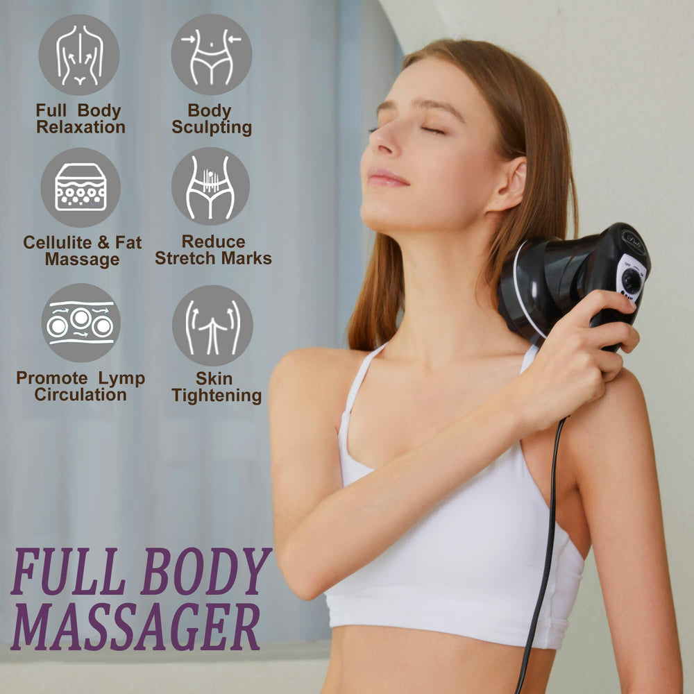 DS SAVORING handheld massager in hand for targeted muscle relief and skin tightening.