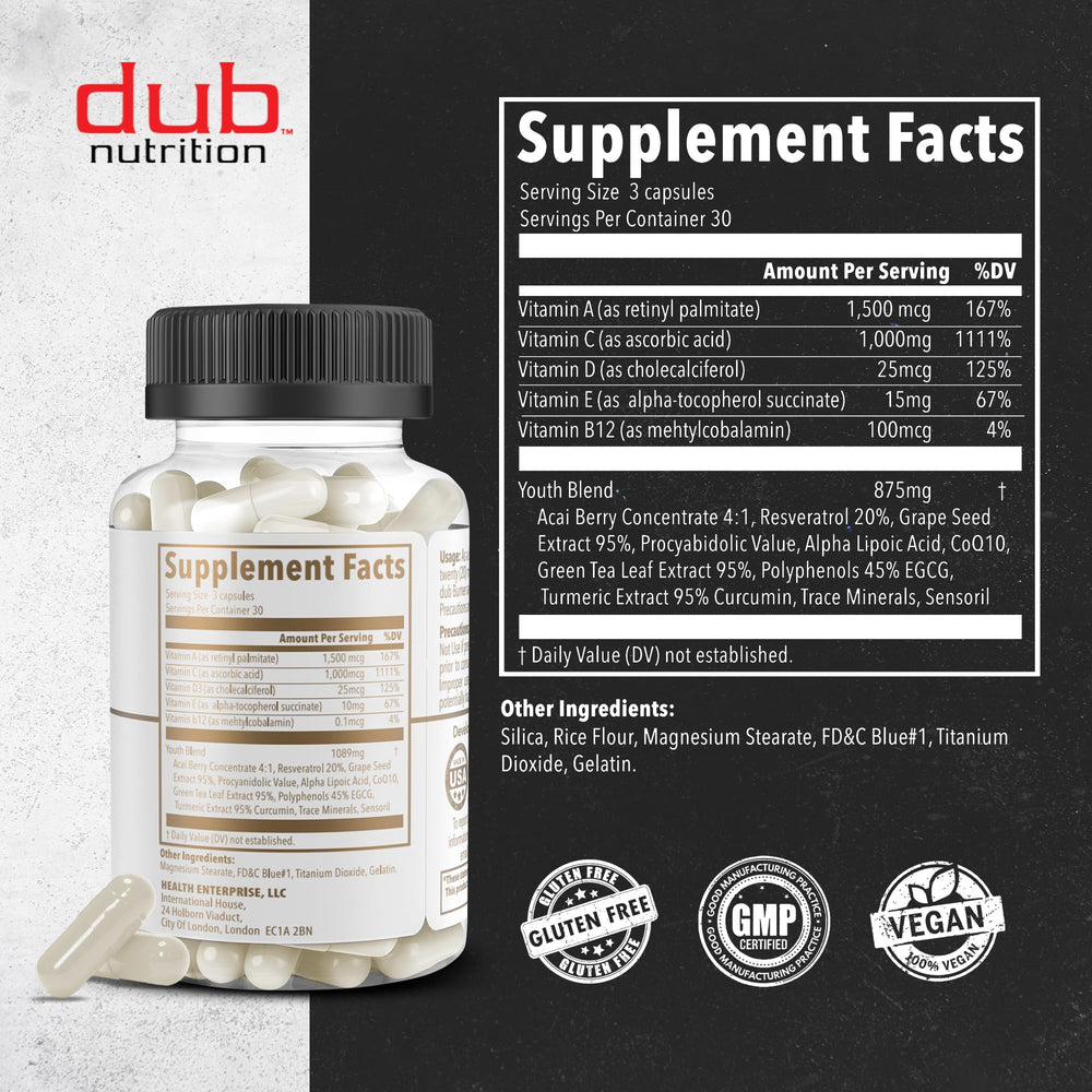Dub Nutrition Youth capsules close-up with curcumin-coq10 for mobility support