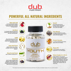 Dub Nutrition Youth vitamin panel highlighting A, C, D, E, B12 for immune support