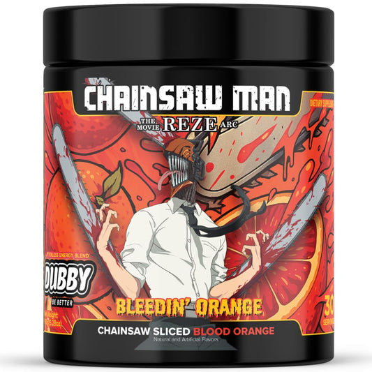 Dubby Chainsaw Man Reze Arc energy powder tub close-up shows focus-friendly formula.
