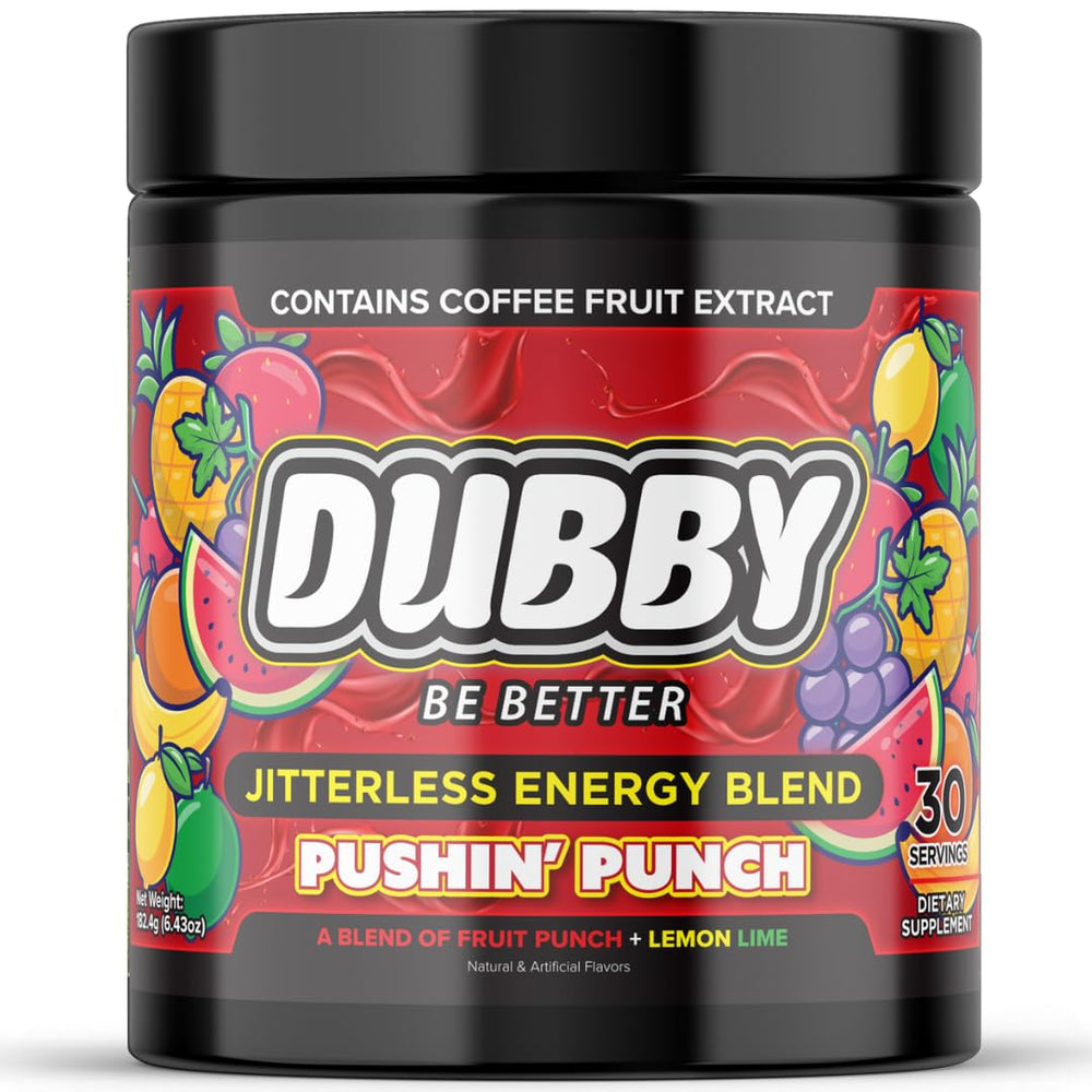 Dubby gamer energy powder bottle for sharp gaming focus.