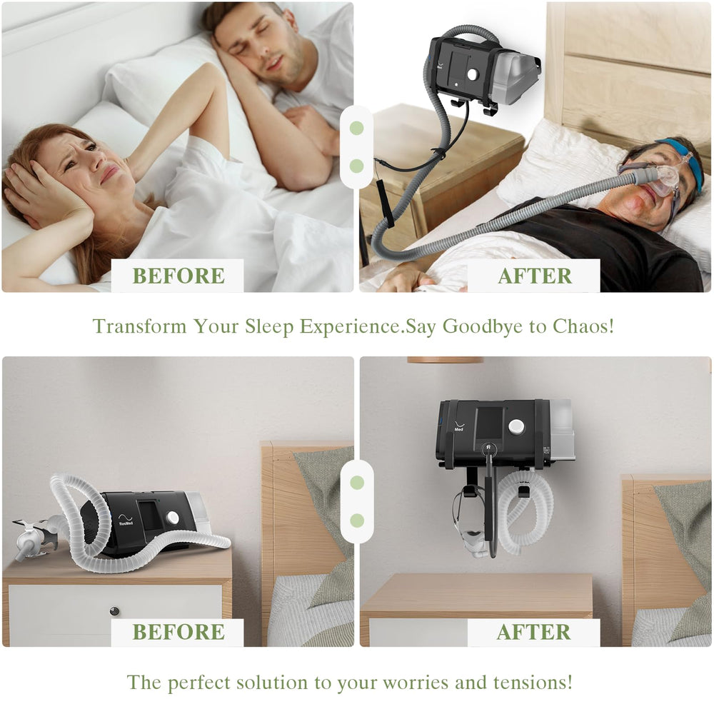 DUDUXI CPAP wall mount installed on wall with masks positioned for quick access.