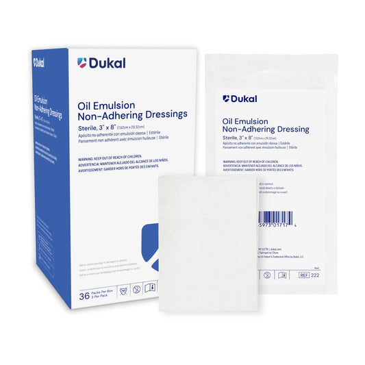 Dukal 224 dressing 5x9 pack front view, showing size and packaging for easy stocking.